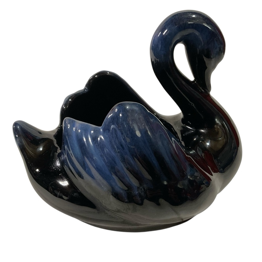Vintage BMP? Blue black Drip glaze swan ceramic planter